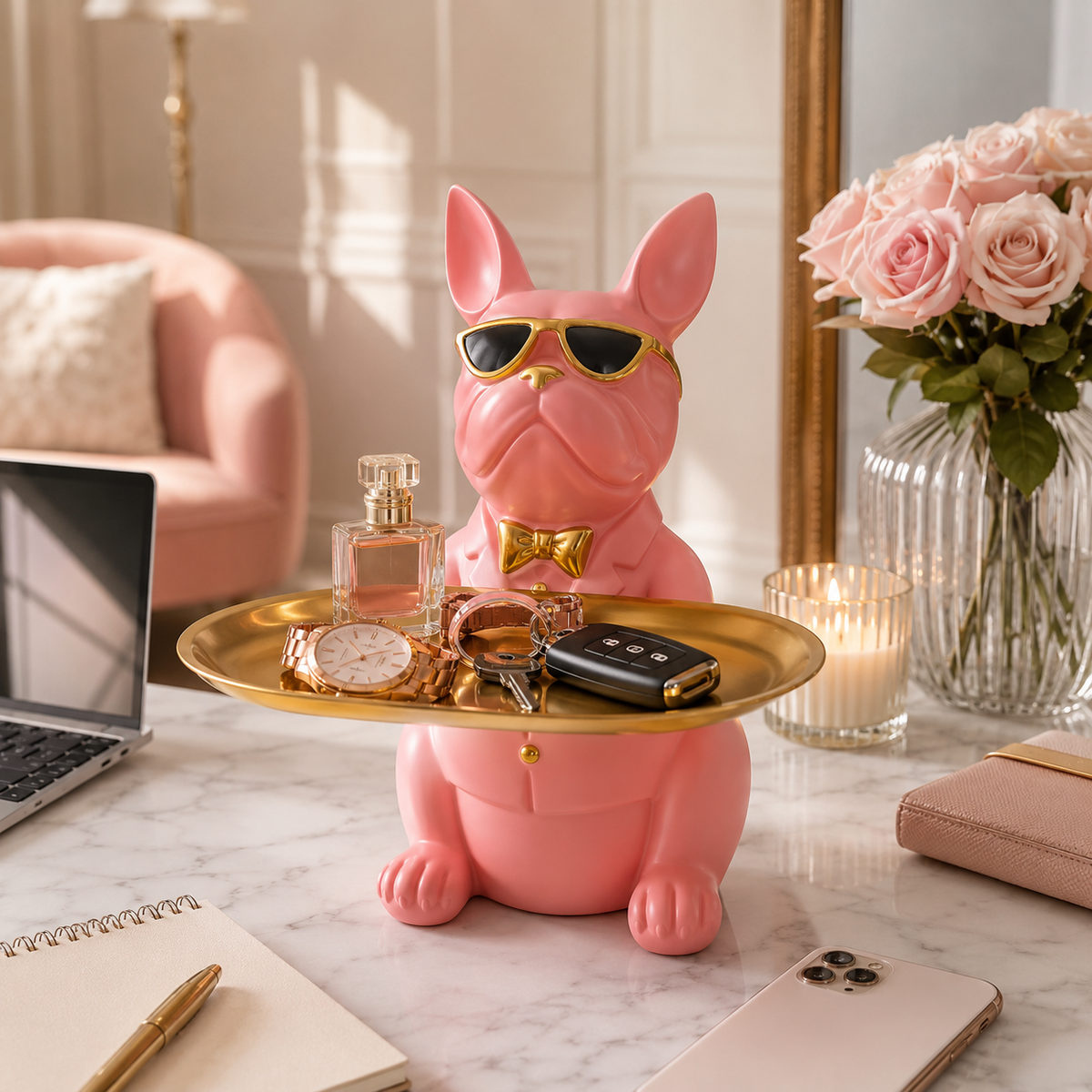 Statue Décoration Intérieure Bouledogue – Figurine Design avec Plateau Vide-Poches