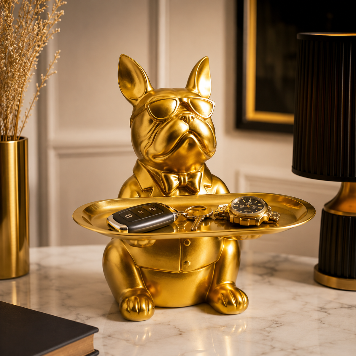 Statue Décoration Intérieure Bouledogue – Figurine Design avec Plateau Vide-Poches