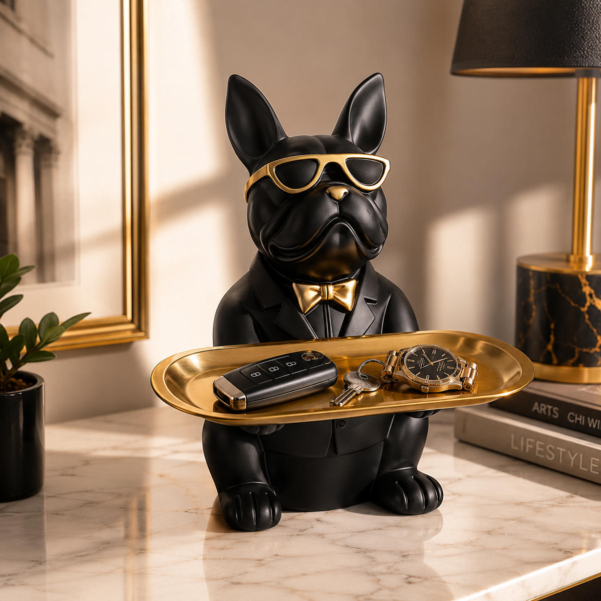 Statue Décoration Intérieure Bouledogue – Figurine Design avec Plateau Vide-Poches