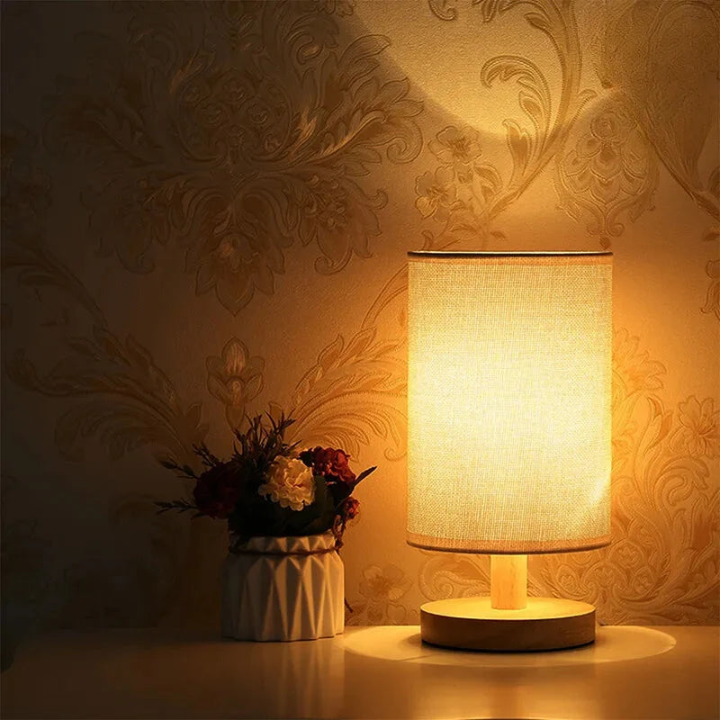 Lampe de Table LED avec Pied en Bois et Abat-Jour en tissu