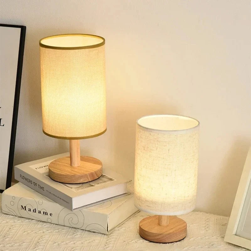 Lampe de Table LED avec Pied en Bois et Abat-Jour en tissu