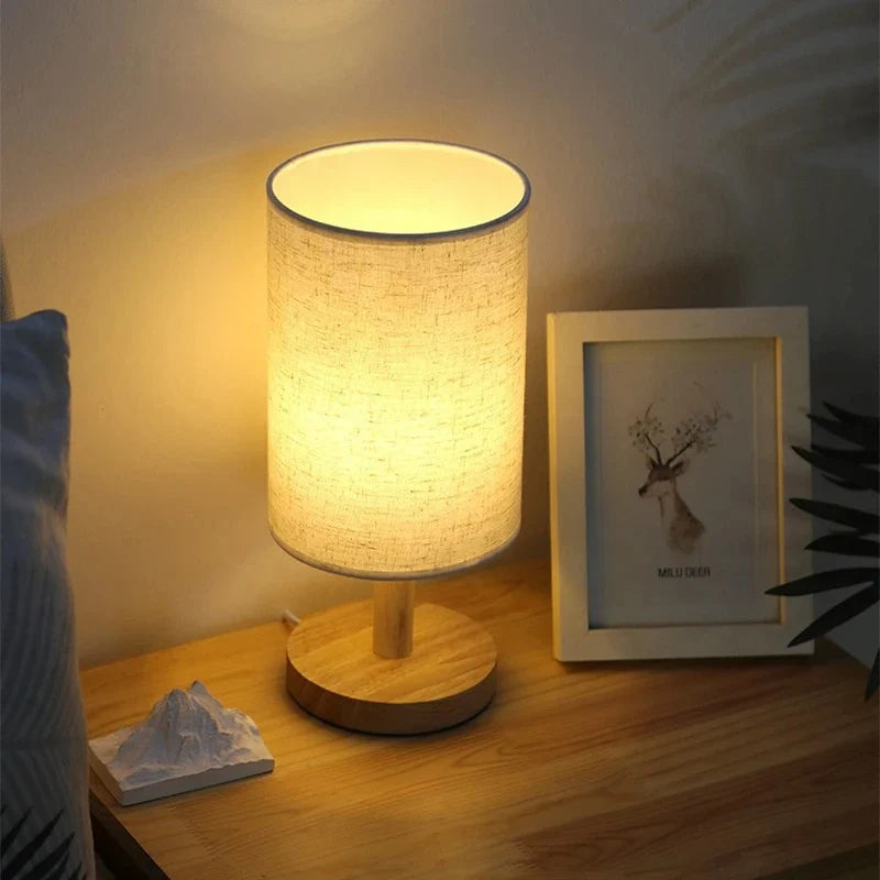 Lampe de Table LED avec Pied en Bois et Abat-Jour en tissu