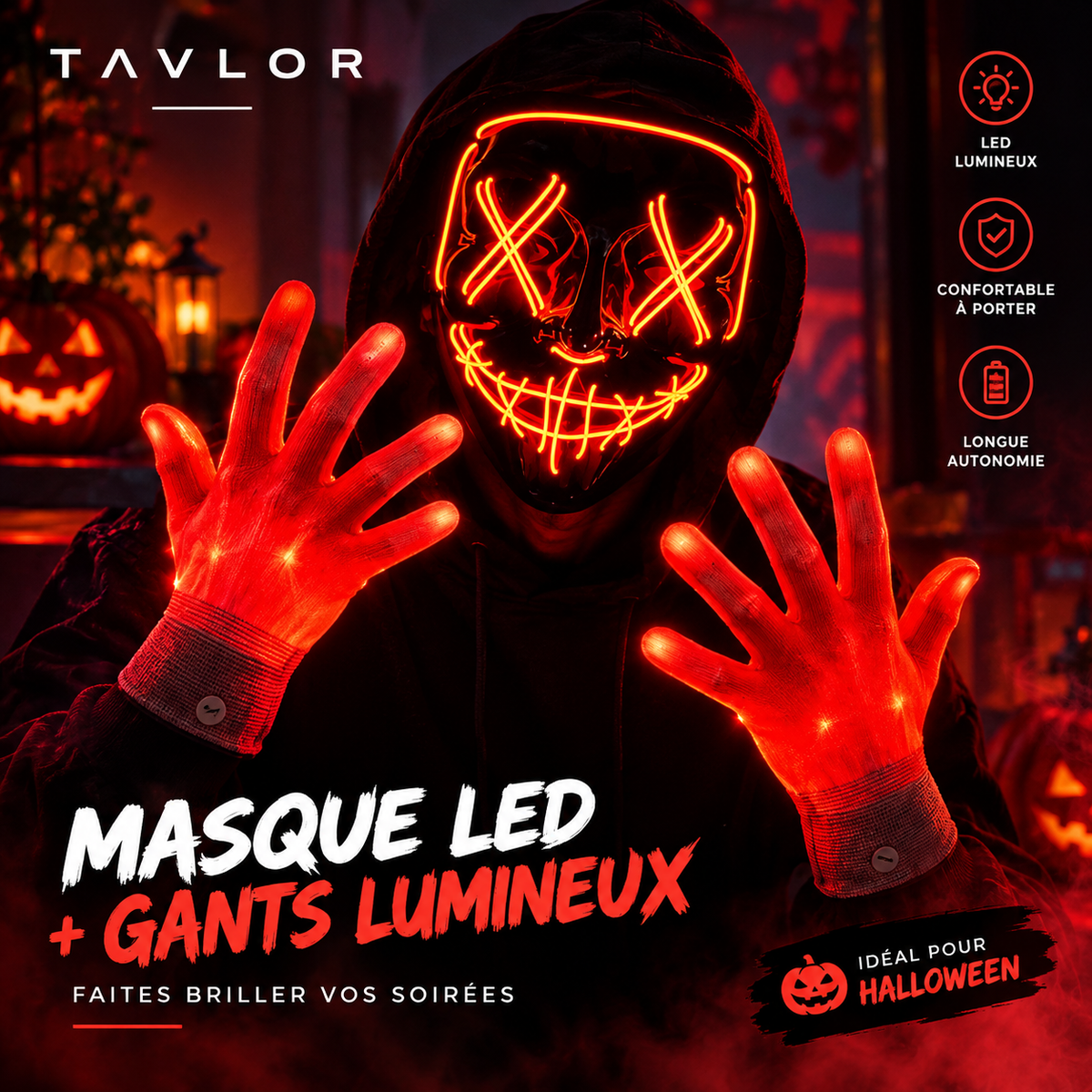 Masque Halloween Lumineux LED Sans Fil – Néon avec Gants