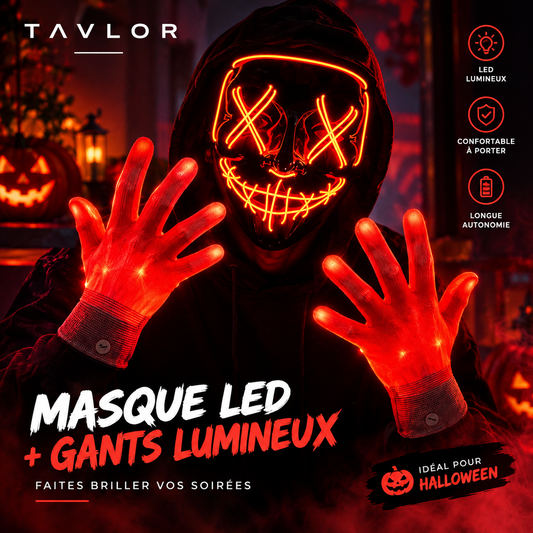 Masque Halloween Lumineux LED Sans Fil – Néon avec Gants