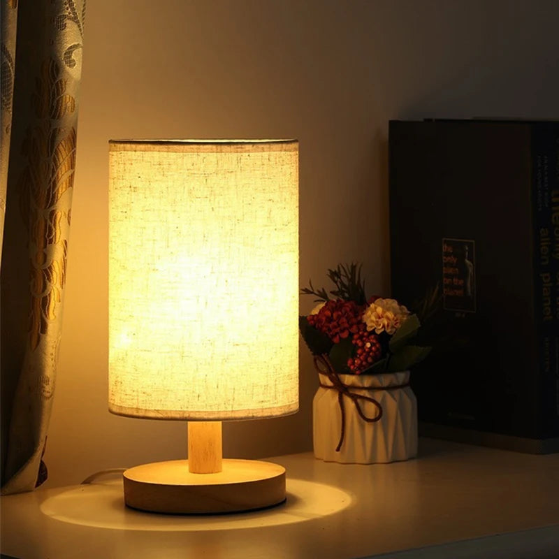 Lampe de Table LED avec Pied en Bois et Abat-Jour en tissu