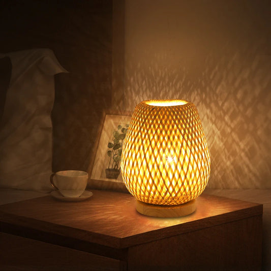 Lampe de Chevet Rotin Naturel - Éclairage LED Design Japonais en Bambou