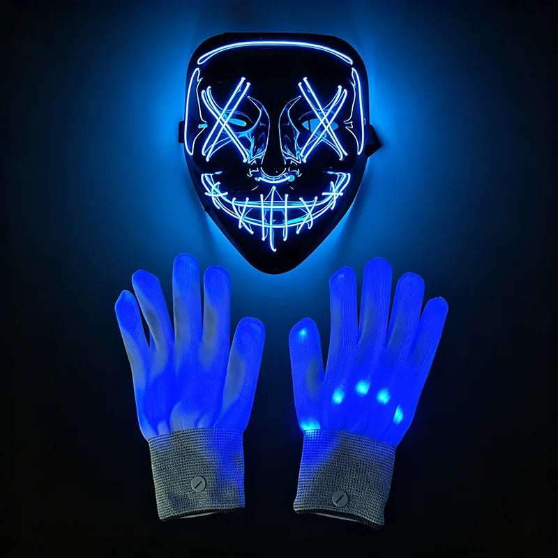 Masque Halloween Lumineux LED Sans Fil – Néon avec Gants