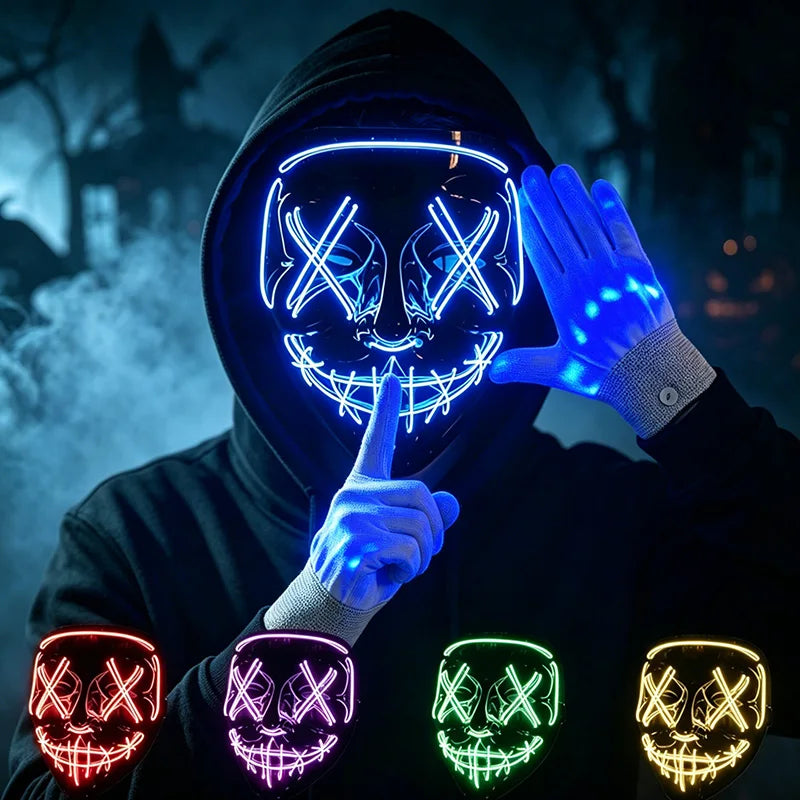 Masque Halloween Lumineux LED Sans Fil – Néon avec Gants