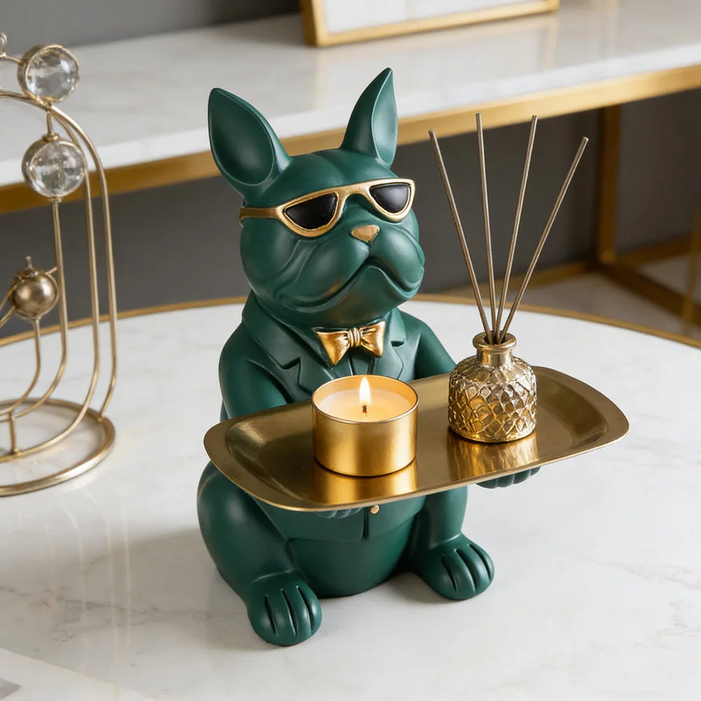 Statue Décoration Intérieure Bouledogue – Figurine Design avec Plateau Vide-Poches