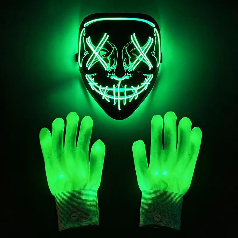 Masque Halloween Lumineux LED Sans Fil – Néon avec Gants