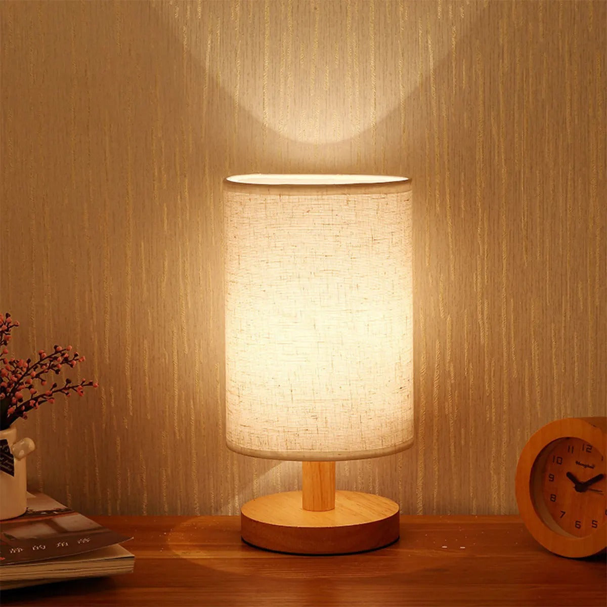 Lampe de Table LED avec Pied en Bois et Abat-Jour en tissu