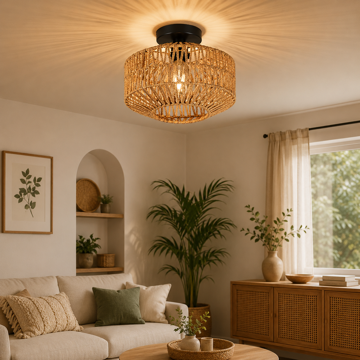 Plafonnier en Rotin Naturel – Lustre Bohème Design en Bambou pour Salon & Chambre